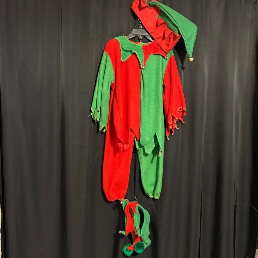Unbranded Kids Red Green Elf Costume - top, elastic pants, hat w/bells and shoes